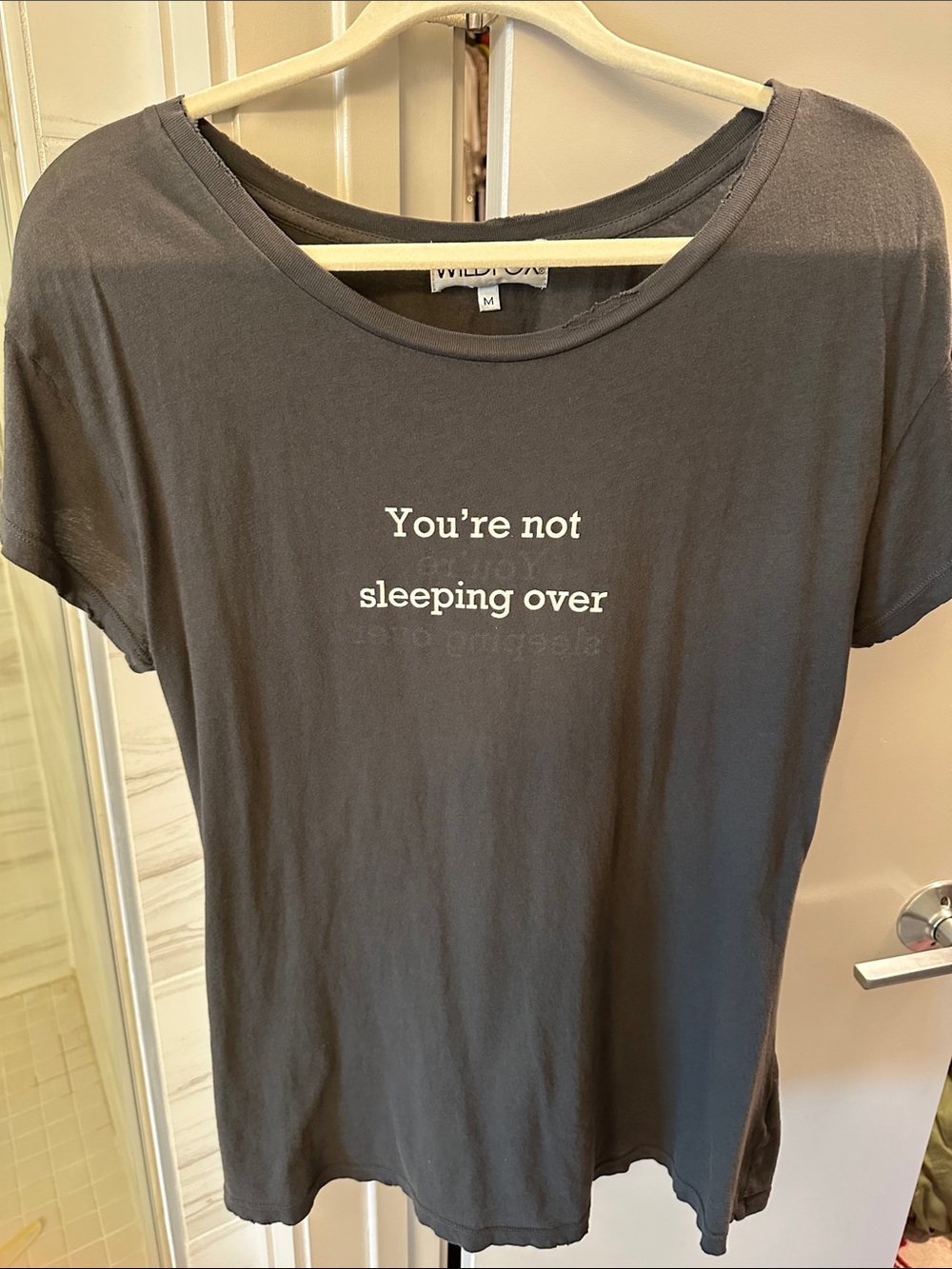 Wildfox Charcoal Gray 'You're not sleeping over' Graphic Tee. Reversible.